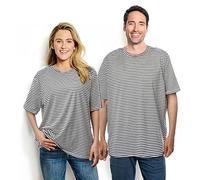 Blamoche Shoulder Surgery Shirts, Unisex Rehab Shirt with Discreet Shoulder Snaps, Chemo Clothing, Stripe Short Sleeve Shirt, Black, XL