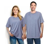 Blamoche Shoulder Surgery Shirts, Unisex Rehab Shirt with Discreet Shoulder Snaps, Chemo Clothing, Stripe Short Sleeve Shirt, Blue, Large