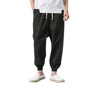 Blandoom Men's Linen Trousers Casual Cotton Linen Pirate Pants Men Hippie Trousers Mens Formal Linen Trousers Slim Fit Mens Linen Cotton Shorts Long 3/4 Length S M L XL XXL Mens Gifts Black