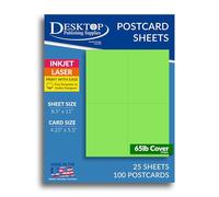 Blank Colored 4-up Postcard Paper by Desktop Publishing Supplies - 25 Sheets / 100 Postcards Pack - Printable with Laser or Inkjet Printer - Plain Matte Cardstock (Bright Green)