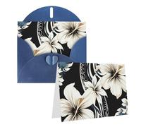 Blank Greetings Card 4'' X 6'' With Envelopes, Black And White Hawaiian Flowers Thank You Cards Note Cards Blue All Occasion Cards For Christmas Holidays Birthday Graduation Anniversaries