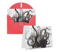 Blank Greetings Card 4'' X 6'' With Envelopes, Black And White Octopus And Ship Thank You Cards Note Cards Red All Occasion Cards For Christmas Holidays Birthday Graduation Anniversaries