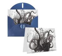 Blank Greetings Card 4'' X 6'' With Envelopes, Black And White Octopus And Ship Thank You Cards Note Cards Blue All Occasion Cards For Christmas Holidays Birthday Graduation Anniversaries