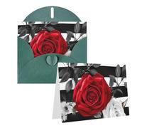 Blank Greetings Card 4'' X 6'' With Envelopes, Black White Stripes Red Rose Flowers Thank You Cards Note Cards Dark Green All Occasion Cards For Christmas Holidays Birthday Graduation Anniversaries