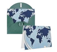 Blank Greetings Card 4'' X 6'' With Envelopes, Blue Map Of The World Thank You Cards Note Cards Dark Green All Occasion Cards For Christmas Holidays Birthday Graduation Anniversaries