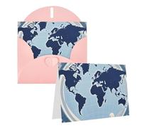 Blank Greetings Card 4'' X 6'' With Envelopes, Blue Map Of The World Thank You Cards Note Cards Pink All Occasion Cards For Christmas Holidays Birthday Graduation Anniversaries