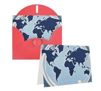 Blank Greetings Card 4'' X 6'' With Envelopes, Blue Map Of The World Thank You Cards Note Cards Red All Occasion Cards For Christmas Holidays Birthday Graduation Anniversaries