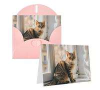 Blank Greetings Card 4'' X 6'' With Envelopes, Cat Sitting On Windowsill Thank You Cards Note Cards Pink All Occasion Cards For Christmas Holidays Birthday Graduation Anniversaries