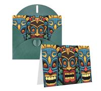Blank Greetings Card 4'' X 6'' With Envelopes, Colorful Tiki Mask Pattern Thank You Cards Note Cards Dark Green All Occasion Cards For Christmas Holidays Birthday Graduation Anniversaries