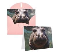 Blank Greetings Card 4'' X 6'' With Envelopes, Diving Hippo Thank You Cards Note Cards Pink All Occasion Cards For Christmas Holidays Birthday Graduation Anniversaries
