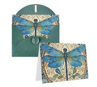 Blank Greetings Card 4'' X 6'' With Envelopes, Hand Painted Blue Dragonfly Thank You Cards Note Cards Dark Green All Occasion Cards For Christmas Holidays Birthday Graduation Anniversaries