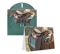 Blank Greetings Card 4'' X 6'' With Envelopes, Horse Saddle With A Cowboy Hat Thank You Cards Note Cards Dark Green All Occasion Cards For Christmas Holidays Birthday Graduation Anniversaries