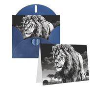 Blank Greetings Card 4'' X 6'' With Envelopes, Lion Black And White Illustration Thank You Cards Note Cards Blue All Occasion Cards For Christmas Holidays Birthday Graduation Anniversaries