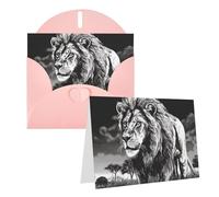 Blank Greetings Card 4'' X 6'' With Envelopes, Lion Black And White Illustration Thank You Cards Note Cards Pink All Occasion Cards For Christmas Holidays Birthday Graduation Anniversaries