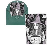 Blank Greetings Card 4'' X 6'' With Envelopes , Magic Witch Witchcraft Bohemian Drawing Thank You Cards Note Cards Dark Green All Occasion Cards For Christmas Holidays Birthday Graduation