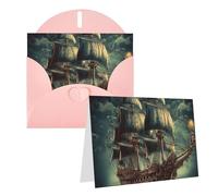 Blank Greetings Card 4'' X 6'' With Envelopes, Nautical Vintage Sailing Pirate Ship Thank You Cards Note Cards Pink All Occasion Cards For Christmas Holidays Birthday Graduation Anniversaries