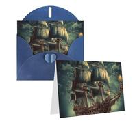Blank Greetings Card 4'' X 6'' With Envelopes, Nautical Vintage Sailing Pirate Ship Thank You Cards Note Cards Blue All Occasion Cards For Christmas Holidays Birthday Graduation Anniversaries