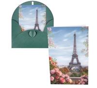 Blank Greetings Card 4'' X 6'' With Envelopes , Paris Eiffel Tower With Flowers Thank You Cards Note Cards Dark Green All Occasion Cards For Christmas Holidays Birthday Graduation Anniversaries