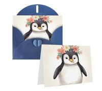 Blank Greetings Card 4'' X 6'' With Envelopes, Penguin Wearing Flowers Thank You Cards Note Cards Blue All Occasion Cards For Christmas Holidays Birthday Graduation Anniversaries