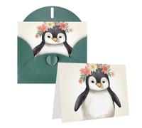 Blank Greetings Card 4'' X 6'' With Envelopes, Penguin Wearing Flowers Thank You Cards Note Cards Dark Green All Occasion Cards For Christmas Holidays Birthday Graduation Anniversaries