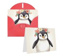 Blank Greetings Card 4'' X 6'' With Envelopes, Penguin Wearing Flowers Thank You Cards Note Cards Red All Occasion Cards For Christmas Holidays Birthday Graduation Anniversaries