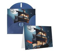 Blank Greetings Card 4'' X 6'' With Envelopes, Pirate Sailboat Full Moon Thank You Cards Note Cards Blue All Occasion Cards For Christmas Holidays Birthday Graduation Anniversaries