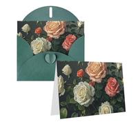 Blank Greetings Card 4'' X 6'' With Envelopes, Roses Print Thank You Cards Note Cards Dark Green All Occasion Cards For Christmas Holidays Birthday Graduation Anniversaries