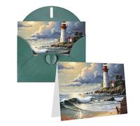 Blank Greetings Card 4'' X 6'' With Envelopes, Sea Lighthouse Sandbeach Thank You Cards Note Cards Dark Green All Occasion Cards For Christmas Holidays Birthday Graduation Anniversaries