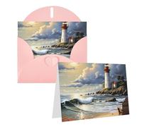 Blank Greetings Card 4'' X 6'' With Envelopes, Sea Lighthouse Sandbeach Thank You Cards Note Cards Pink All Occasion Cards For Christmas Holidays Birthday Graduation Anniversaries