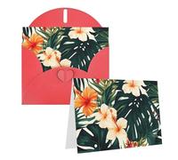Blank Greetings Card 4'' X 6'' With Envelopes, Tropical Summer Hawaiian Flower Palm Leaves Thank You Cards Note Cards Red All Occasion Cards For Christmas Holidays Birthday Graduation Anniversaries