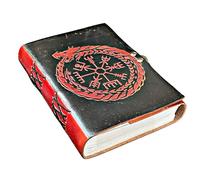 Blank Spell Book of Shadows Leather Journal - Viking Ouroboros Dragon & Vegvisir Embossed Diary | Red & Black Norse Notebook | Pagan Writing Journal, Grimoire & Gift
