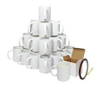 Blank Sublimation Mugs 36 Pack White Ceramic Polymer Coated 11oz Large AAA Grade Cup With Handle & Presentation Gift Boxes & Heat Tape Roll 22m Long x 0.5cm Wide Tea Coffee Microwave Dishwasher Safe
