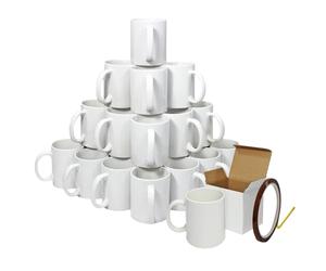 Blank Sublimation Mugs 36 Pack White Ceramic Polymer Coated 11oz Large AAA Grade Cup With Handle & Presentation Gift Boxes & Heat Tape Roll 22m Long x 0.5cm Wide Tea Coffee Microwave Dishwasher Safe