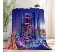 Blanket 127 x 152 cm, Modern City Buildings Night View Sherpa Flannel Fleece Throw Blankets Fluffy Fuzzy Print Soft Warm Lightweight for Sofa Bed Couch Home Decor Blue-Purple