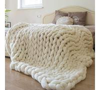 Blanket Chunky Knit Merino Wool Hand Made Hand Knitted Throw Soft Sofa Blanket for Bed Sofa Chair Couch Cover Living Bed Room Throw Blanket,White,80X100cm