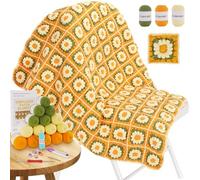 Blanket Crochet Kit for Beginners, Granny Squares Crochet Blanket Kit with Soft Yarns, Detailed Instructions & Step-by-Step Tutorials, Easy Knitting Kit for Beginner Craft Gift(Yellow Sunflower)