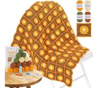 Blanket Crochet Kit for Beginners, Granny Squares Crochet Blanket Kit with Soft Yarns, Detailed Instructions & Step-by-Step Tutorials, Easy Knitting Kit for Beginner Craft Gift(Brown Sunflower)