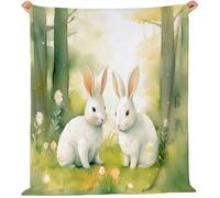 Blanket Double Size 71" X 79" Forest Rabbit Daisies Soft Fluffy Flannel Throw Blanket Green White Warmfor Bedroom, Couch, Chair - All-Season Use Machine Washable