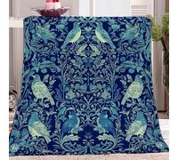 Blanket Fantasy Flowers, Birds Printed, Soft Fleece Flannel Throw King Size Lightweight Cute Comfy Warm Dark Blue, Green Blankets for Kids Teens Couch Sofa Bed Office 180 x 200 cm