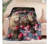 Blanket Flannel, Double Sofa Throws, Soft Warm Cute Capybara Rose Flower Pattern Throws for Bedspreads Armchairs Furniture Bed, Brown Home Living Room Decoration 150 x 200 cm