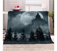 Blanket For Bed 3D Full Moon Forest Castle Building Print Throw For Bed Double Couch Bed 180x200Cm Throw Blanket For Bed, Fashion Flannel Throw Teens Bedroom, Sherpa Fleece Throws For Kids Boys Girl