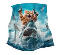 Blanket for Cats and Sharks,Blanket for Cats and Sharks - Shark Riding the Cat on the Falling Sea Blanket,Home Decor, All Season Blanket for Sofa Bed, Travel, Picn