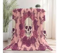 Blanket Gothic Skull Roses Throw Blanket for Sofa,Super Soft Cosy Warm Tufted Pink Purple Blanket for Bed Settees Armchairs Lightweight Fluffy Bed Throws 150 x 100 cm