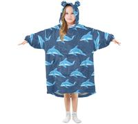 Blanket Hoodie for Kids Dolphin Navy Pattern Wearable Hooded Blanket Warm Fleece Oversized Sweatshirt Girls Boys