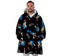 SONIC THE HEDGEHOG Mens Wearable Blanket | Adults Black All Over Print Fleece Hoodie | Cosy 90s Nostalgic Gaming Cartoon Snuggle Hooded Pullover | Game Loungewear Gift for Him