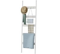 Blanket Ladder, 5-Tier Towel Holder with 4 Removable Hooks, Farmhouse Wall Leaning Decorative Rack Shelf, Wooden Towel Display Rack, Quilt Ladder for Living Room, Bedroom, White