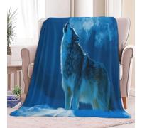 Blanket Lightweight Decorative 79 × 80 inch, Soft Warm Cosy Blue Flannel Throw Blanket for Bed Picnic Chairs and Travel - King Size Fantasy Animal Wolf Throws for Sofa