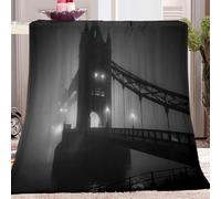 Blanket Modern Bridge In The Fog At Night White Black, Warm Fluffy Flannel Throw Blanket for Autumn Winter, Cozy Pattern Printed Bed Blanket for Sofa Chair, Small Single 50" x 60"（127 x 152 CM）