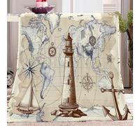 Blanket Retro Lighthouse World Map Brown Beige, Print Personalised Blankets Soft Fluffy, Thermal Warm Flannel Blanket Throws for Couch Travel Beds, Baby 39" x 51"(100 x 130 cm)