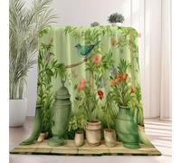 Blanket Small Single Size 130 X 150 Cm Garden Birds Vase Soft Fluffy Flannel Throw Blanket Green Warmfor Bedroom Couch Chair - All-Season Use Machine Washable